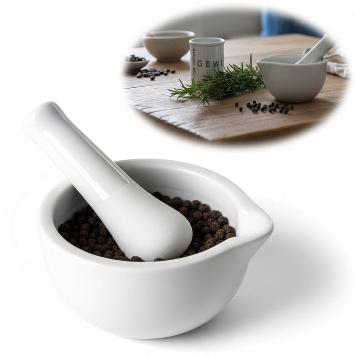 KI-generiertes Bild Keramik Mörser Stößel Set Weiß Ø 12cm kleiner Gewürzmörser Zerkleinerer