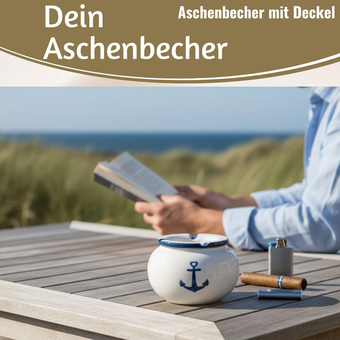 Sturmaschenbecher Anker 10x7,5cm Maritim Weiß Blau Windaschenbecher Aschenbecher