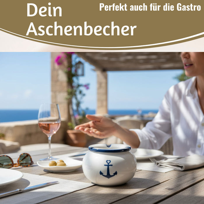 Sturmaschenbecher Anker 10x7,5cm Maritim Weiß Blau Windaschenbecher Aschenbecher