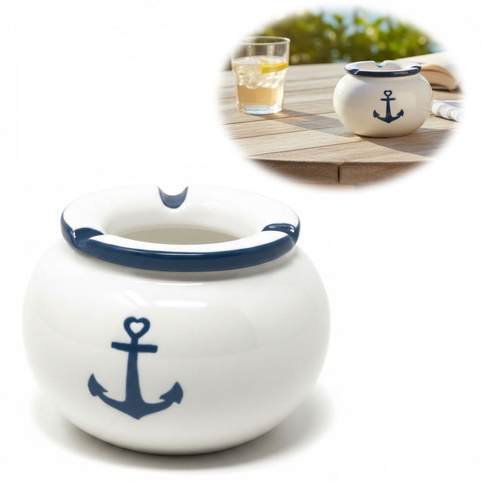 Sturmaschenbecher Anker 10x7,5cm Maritim Weiß Blau Windaschenbecher Aschenbecher