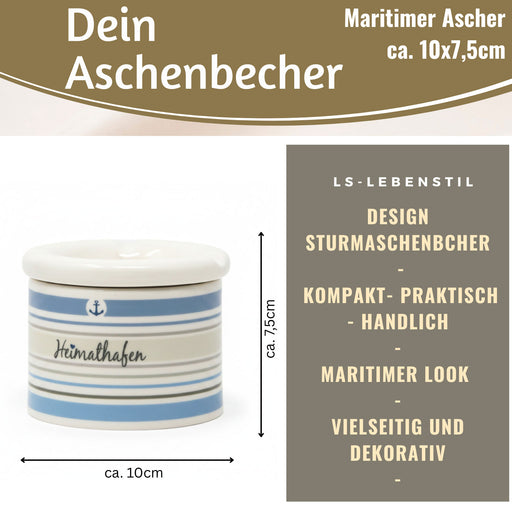 Sturmaschenbecher Heimathafen 10x7,5cm Maritim Weiß Blau Windaschenbecher Aschenbecher