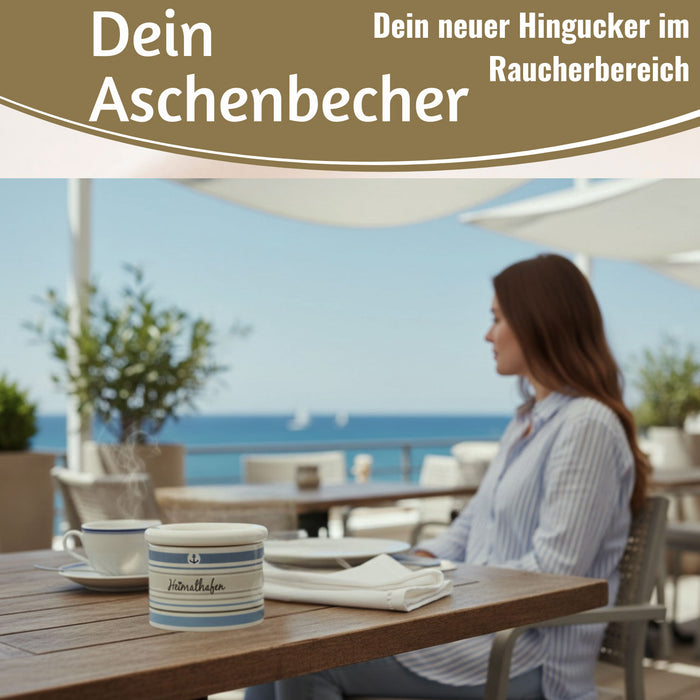 Sturmaschenbecher Heimathafen 10x7,5cm Maritim Weiß Blau Windaschenbecher Aschenbecher