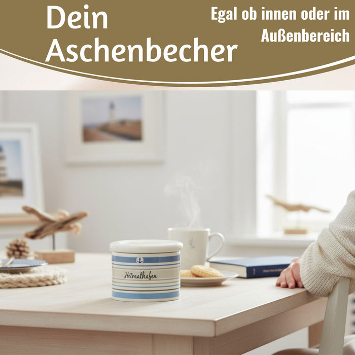 Sturmaschenbecher Heimathafen 10x7,5cm Maritim Weiß Blau Windaschenbecher Aschenbecher