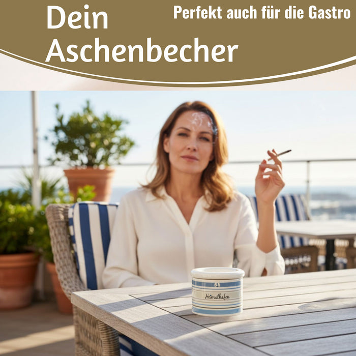 Sturmaschenbecher Heimathafen 10x7,5cm Maritim Weiß Blau Windaschenbecher Aschenbecher