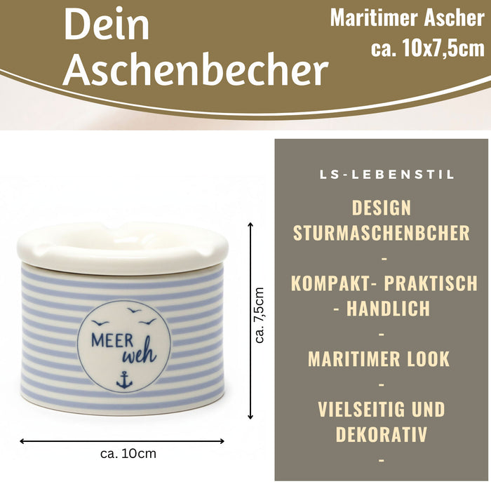 Sturmaschenbecher Meer-Weh 10x7,5cm Maritim Weiß Blau Windaschenbecher Aschenbecher