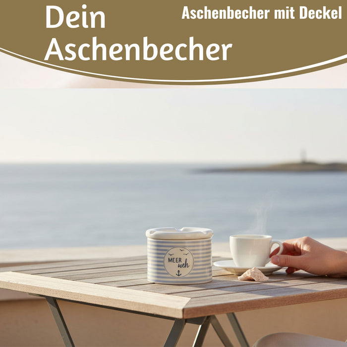 Sturmaschenbecher Meer-Weh 10x7,5cm Maritim Weiß Blau Windaschenbecher Aschenbecher