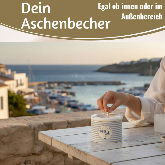 Sturmaschenbecher Meer-Weh 10x7,5cm Maritim Weiß Blau Windaschenbecher Aschenbecher