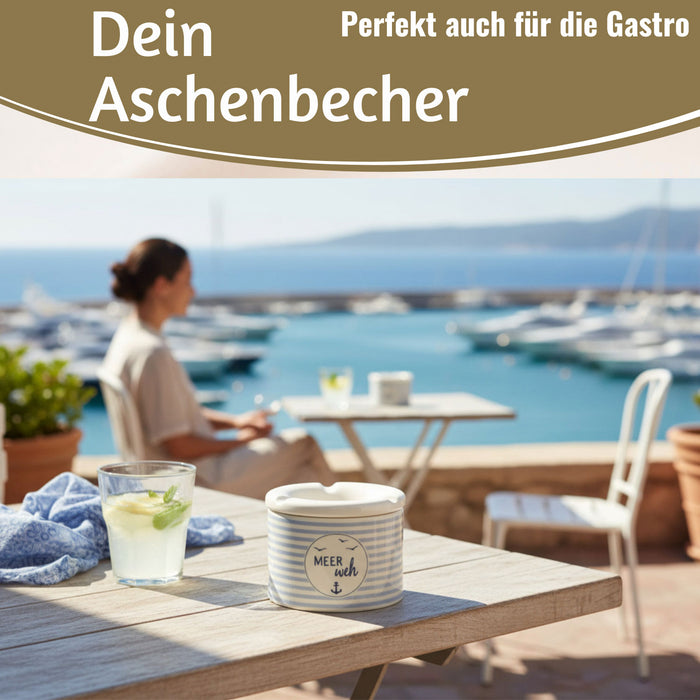 Sturmaschenbecher Meer-Weh 10x7,5cm Maritim Weiß Blau Windaschenbecher Aschenbecher