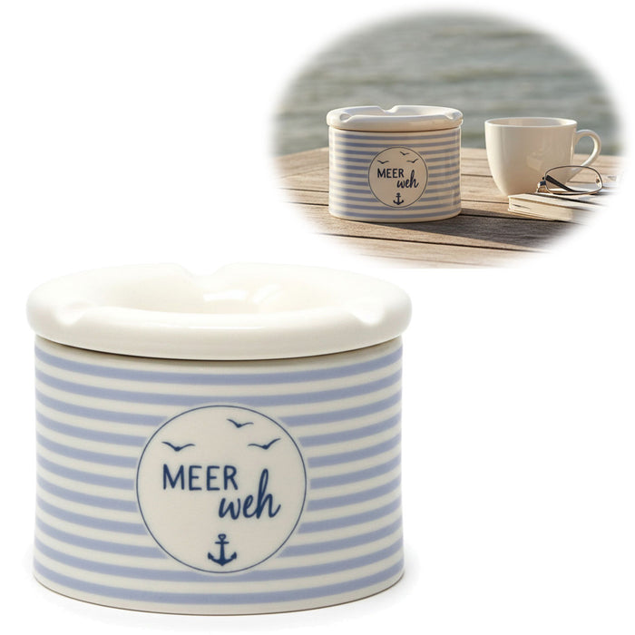 KI-generiertes Bild Sturmaschenbecher Meer-Weh 10x7,5cm Maritim Weiß Blau Windaschenbecher Aschenbecher