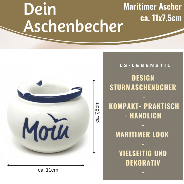 Sturmaschenbecher Moin 10x7,5cm Maritim Weiß Blau Windaschenbecher Aschenbecher