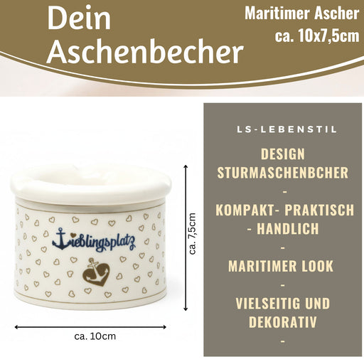 Sturmaschenbecher Lieblingsplatz 10x7,5cm Maritim Weiß Blau Windaschenbecher Aschenbecher
