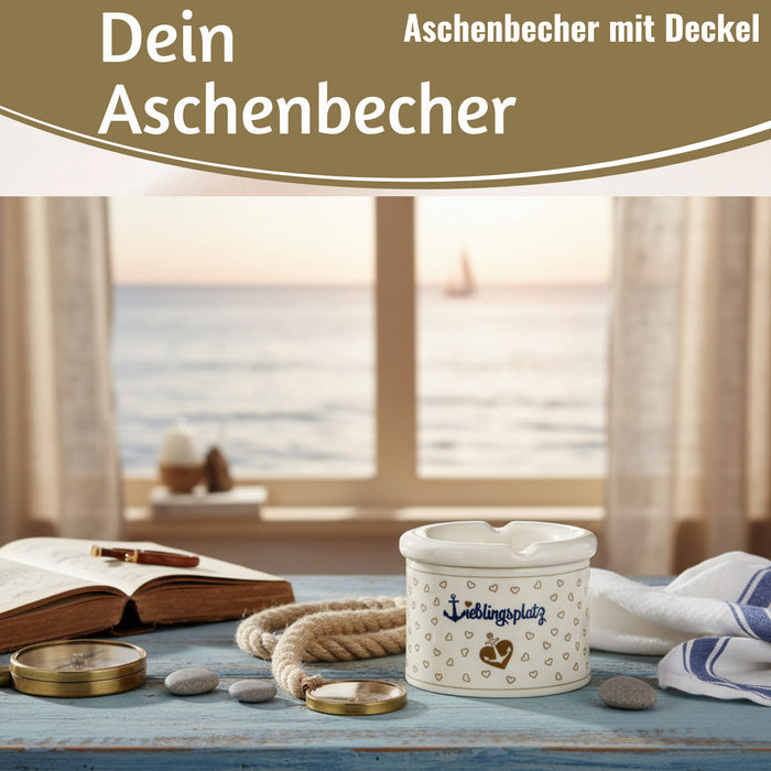 KI-generiertes Bild,Sturmaschenbecher Lieblingsplatz 10x7,5cm Maritim Weiß Blau Windaschenbecher Aschenbecher