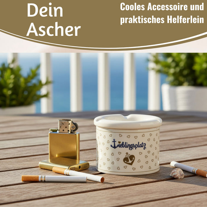 KI-generiertes Bild,Sturmaschenbecher Lieblingsplatz 10x7,5cm Maritim Weiß Blau Windaschenbecher Aschenbecher