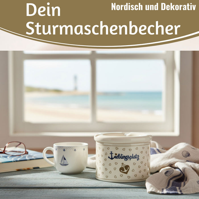 KI-generiertes Bild,Sturmaschenbecher Lieblingsplatz 10x7,5cm Maritim Weiß Blau Windaschenbecher Aschenbecher