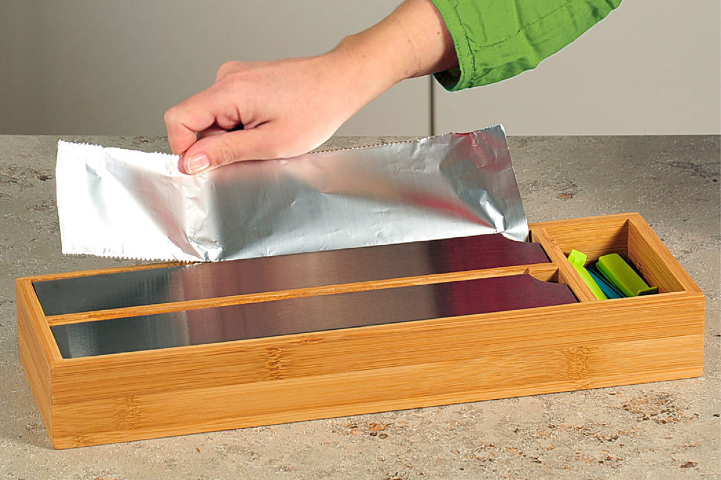 3-fach Holz Folienspender Bambus Schubladen Alufolienspender Folienschneider