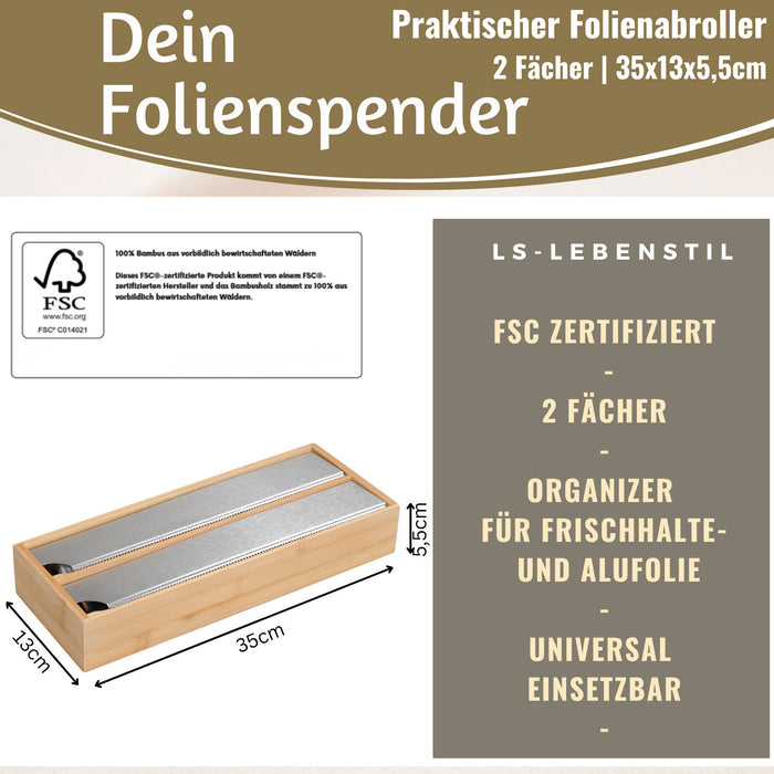KI-generiertes Bild,2-fach Holz Folienspender Bambus Schubladen Alufolienspender Folienschneider