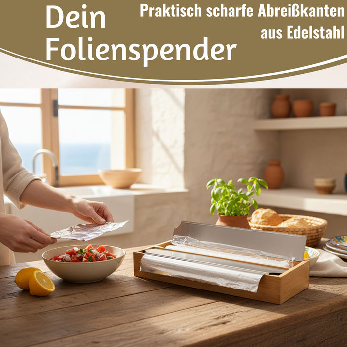 KI-generiertes Bild,2-fach Holz Folienspender Bambus Schubladen Alufolienspender Folienschneider