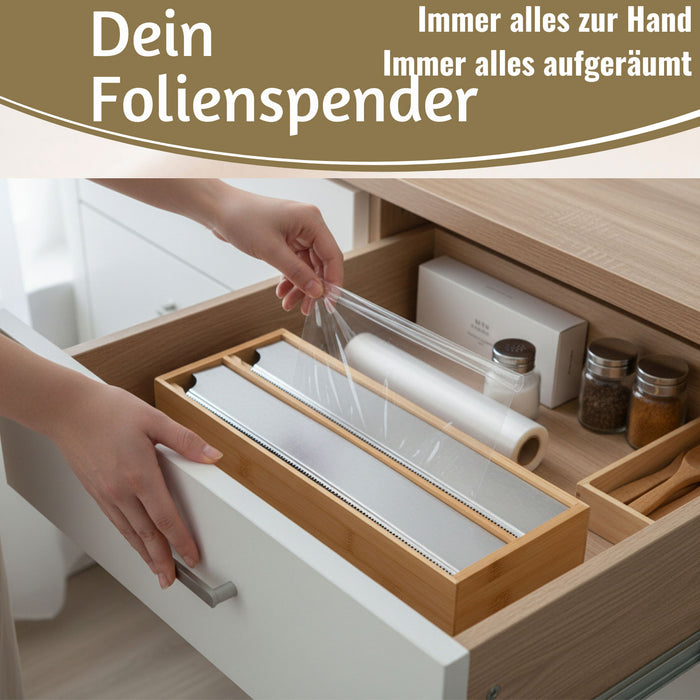 KI-generiertes Bild,2-fach Holz Folienspender Bambus Schubladen Alufolienspender Folienschneider