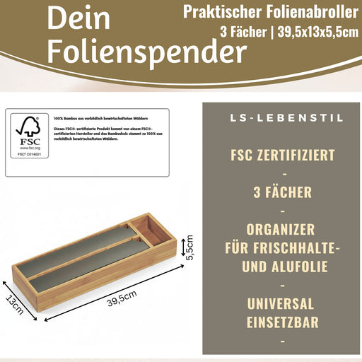 KI-generiertes Bild,3-fach Holz Folienspender Bambus Schubladen Alufolienspender Folienschneider