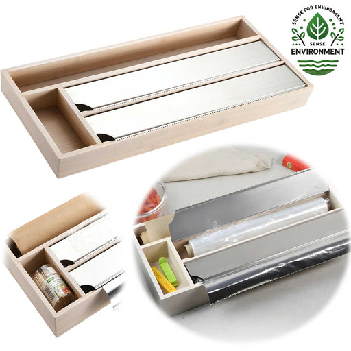 4-fach Holz Folienspender Bambus Schubladen Alufolienspender Folienschneider