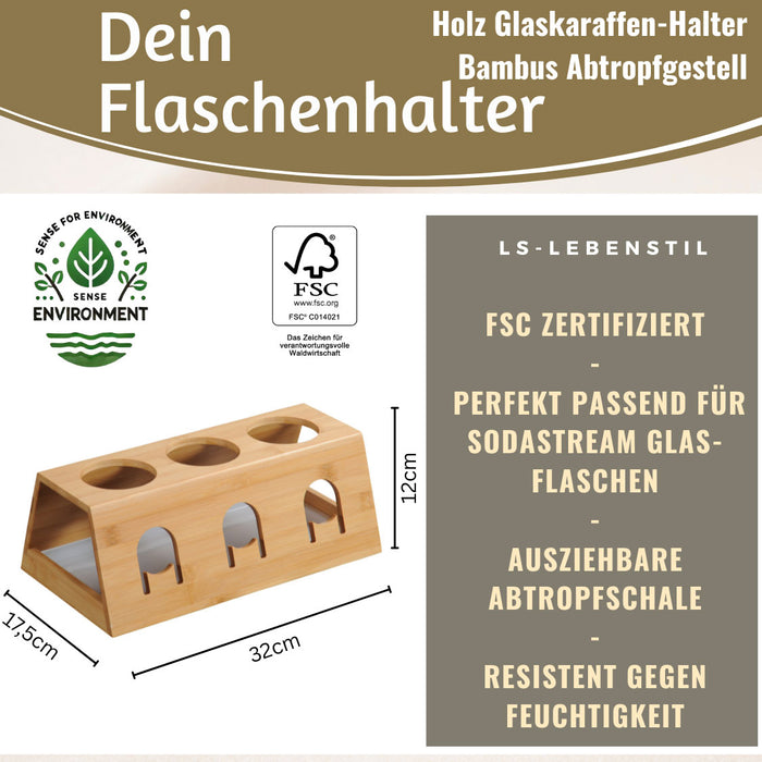 Holz Flaschenständer Bambus passend für 3 Sodastream Flaschen Abtropfschale