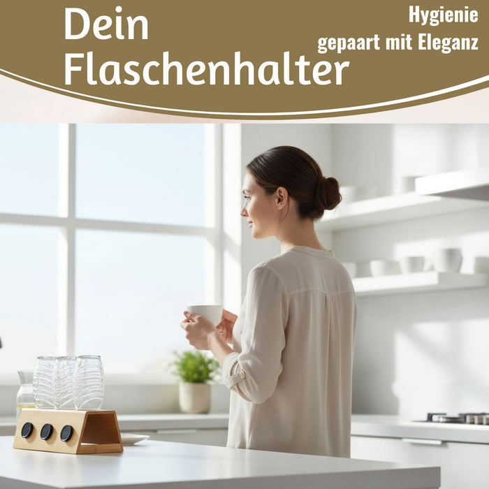 Holz Flaschenständer Bambus passend für 3 Sodastream Flaschen Abtropfschale