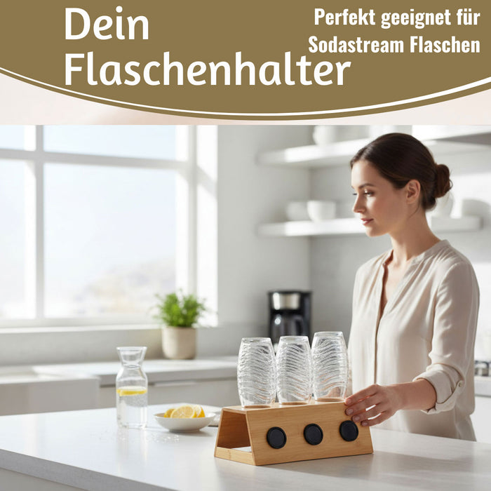Holz Flaschenständer Bambus passend für 3 Sodastream Flaschen Abtropfschale