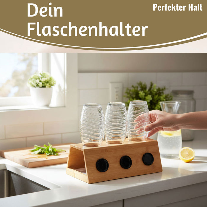 Holz Flaschenständer Bambus passend für 3 Sodastream Flaschen Abtropfschale