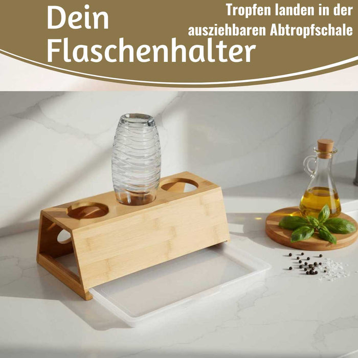 Holz Flaschenständer Bambus passend für 3 Sodastream Flaschen Abtropfschale