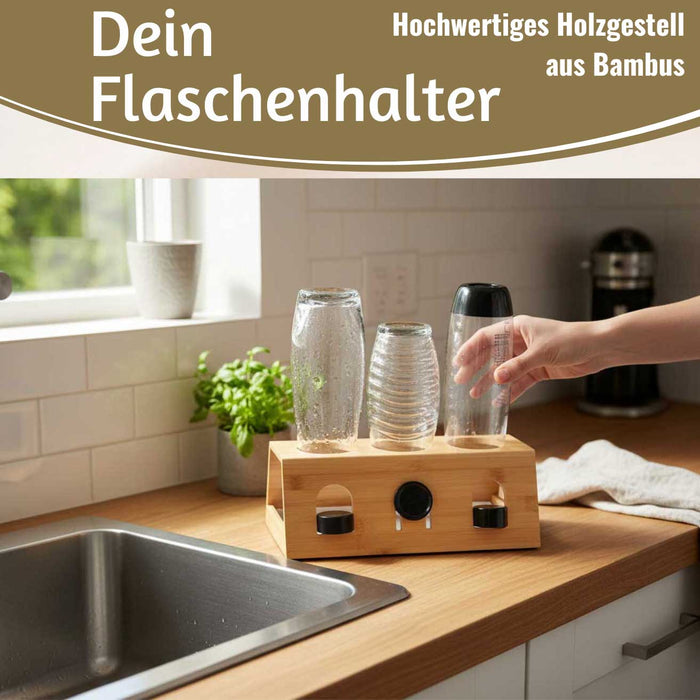 Holz Flaschenständer Bambus passend für 3 Sodastream Flaschen Abtropfschale