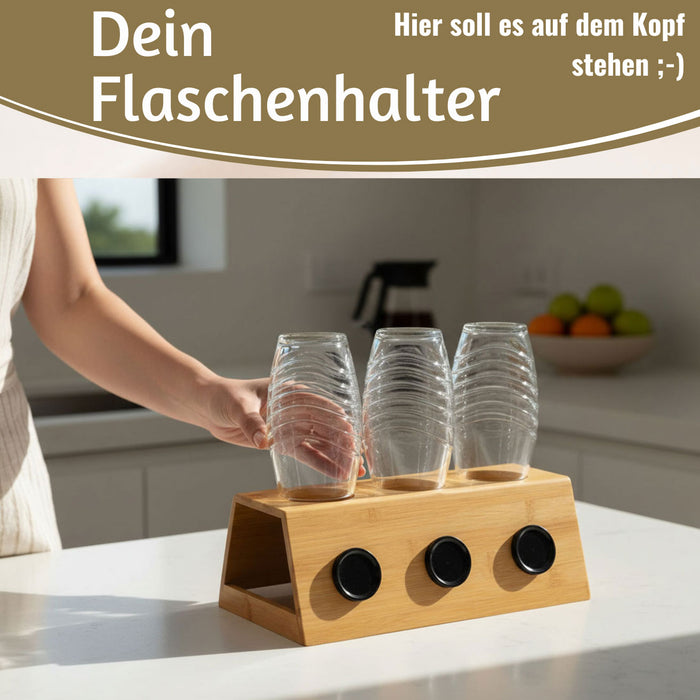 Holz Flaschenständer Bambus passend für 3 Sodastream Flaschen Abtropfschale