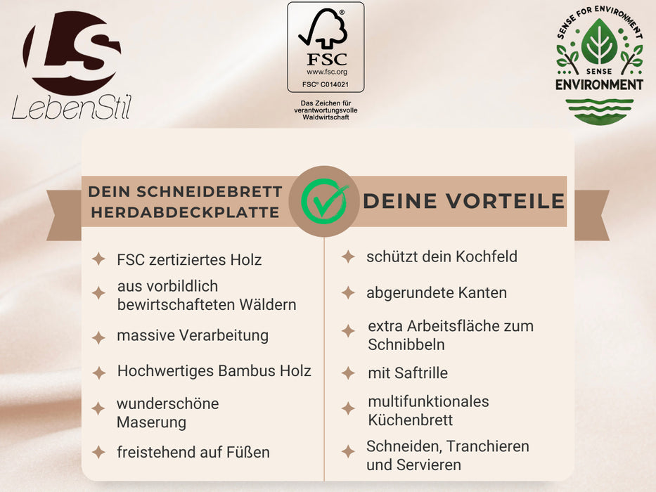 XL Holz Schneidebrett Herdabdeckplatte 50x28cm Bambus Küchenbrett Holzbrett Saftrille