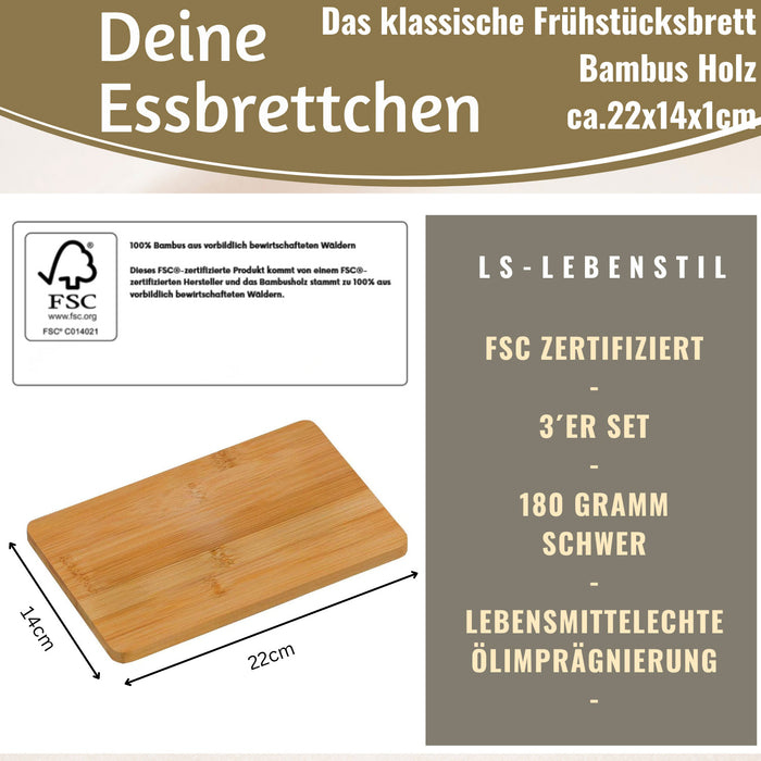 KI-generiertes Bild,3x Holz Frühstücksbrett Essbrettchen 22x14cm Set Bambus Küchenbrett Holzbrett