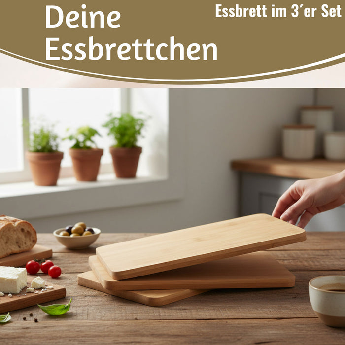 KI-generiertes Bild,3x Holz Frühstücksbrett Essbrettchen 22x14cm Set Bambus Küchenbrett Holzbrett