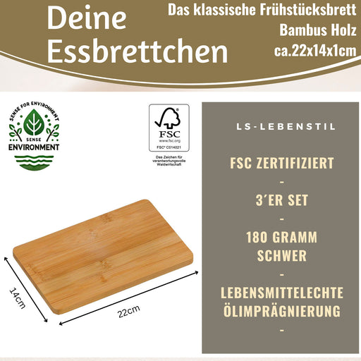 3x Holz Frühstücksbrett Essbrettchen 22x14cm Set Bambus Küchenbrett Holzbrett