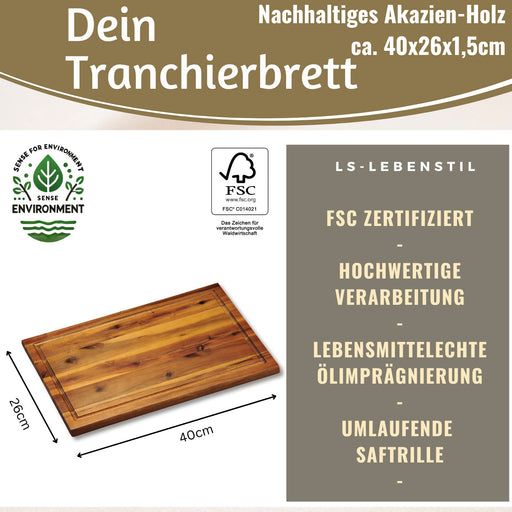 XL Holz Schneidebrett Akazie 40x26x1,5cm Saftrille Küchenbrett Tranchierbrett