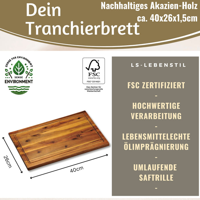 XL Holz Schneidebrett Akazie 40x26x1,5cm Saftrille Küchenbrett Tranchierbrett