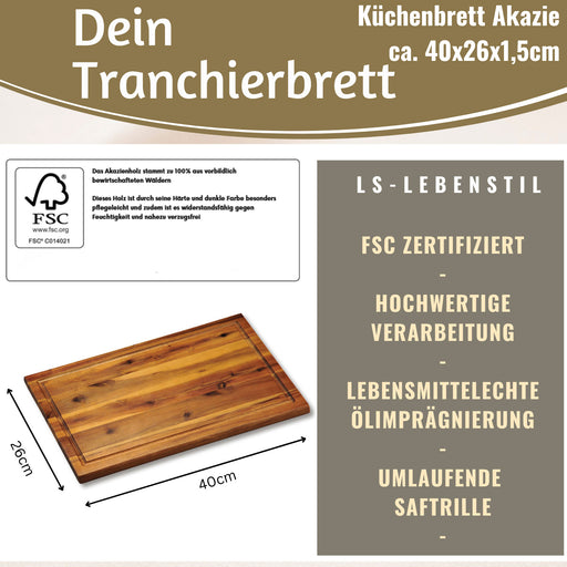 KI-generiertes Bild,XL Holz Schneidebrett Akazie 40x26x1,5cm Saftrille Küchenbrett Tranchierbrett