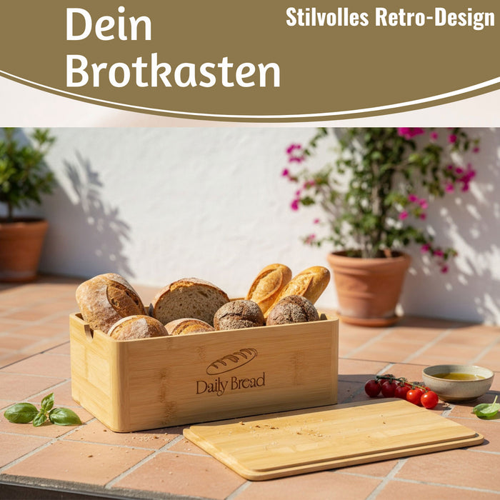 KI-generiertes Bild,Retro Holz Brotkasten Braun 30cm 2in1 mit Deckel Schneidebrett Brotbox