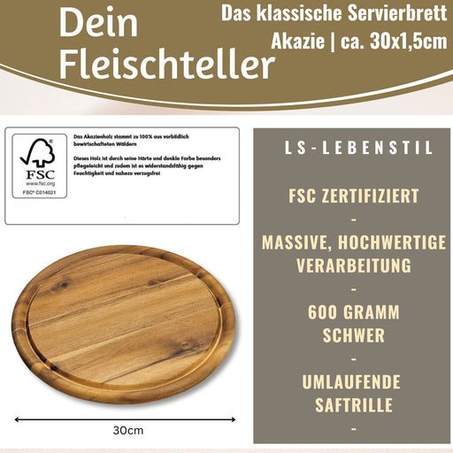 KI-generiertes Bild,XL Holz Fleischteller Servierteller 30cm Akazie Rund Schneidebrett Vesperbrett