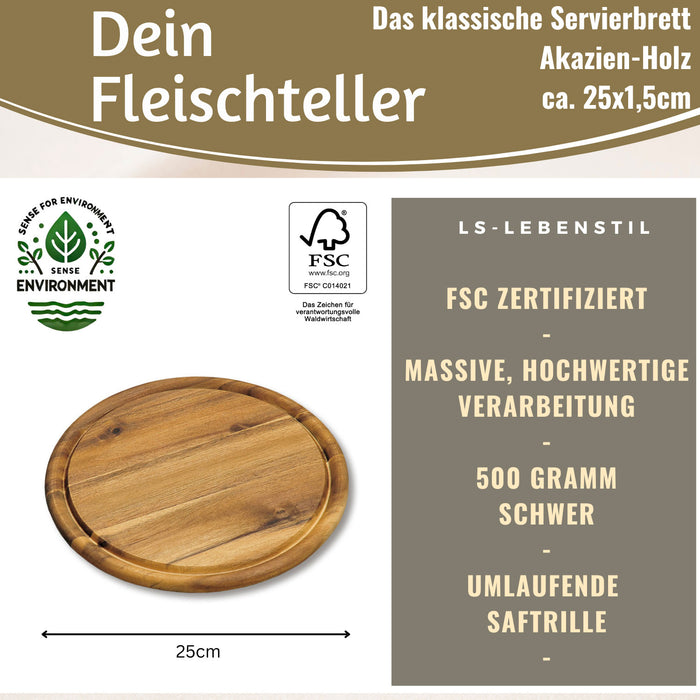 Holz Fleischteller Servierteller 25cm Akazie Rund Schneidebrett Vesperbrett