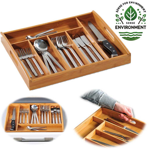 Besteckkasten Holz 38cm 6 Fächer Bambus Schubladeneinsatz Besteckbox mit Griffen