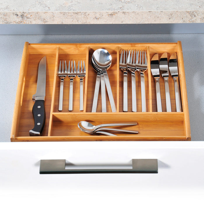 Besteckkasten Holz 38cm 6 Fächer Bambus Schubladeneinsatz Besteckbox mit Griffen
