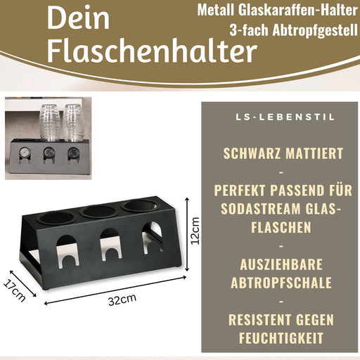 Metall Flaschenständer Schwarz passend für 3 Sodastream Flaschen Abtropfschale