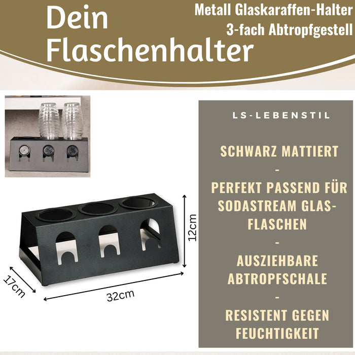 Metall Flaschenständer Schwarz passend für 3 Sodastream Flaschen Abtropfschale