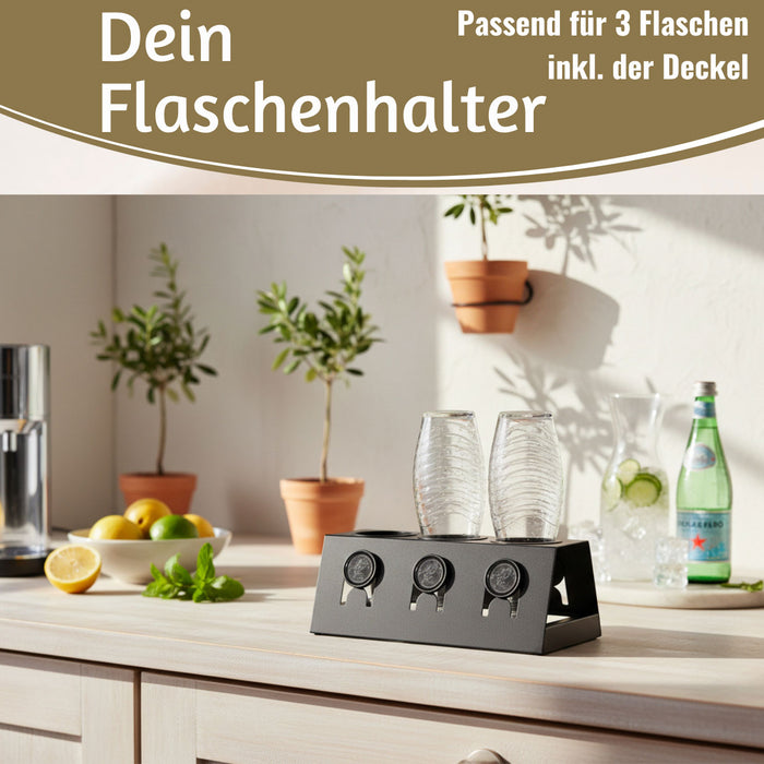 Metall Flaschenständer Schwarz passend für 3 Sodastream Flaschen Abtropfschale