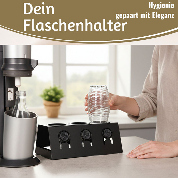 Metall Flaschenständer Schwarz passend für 3 Sodastream Flaschen Abtropfschale