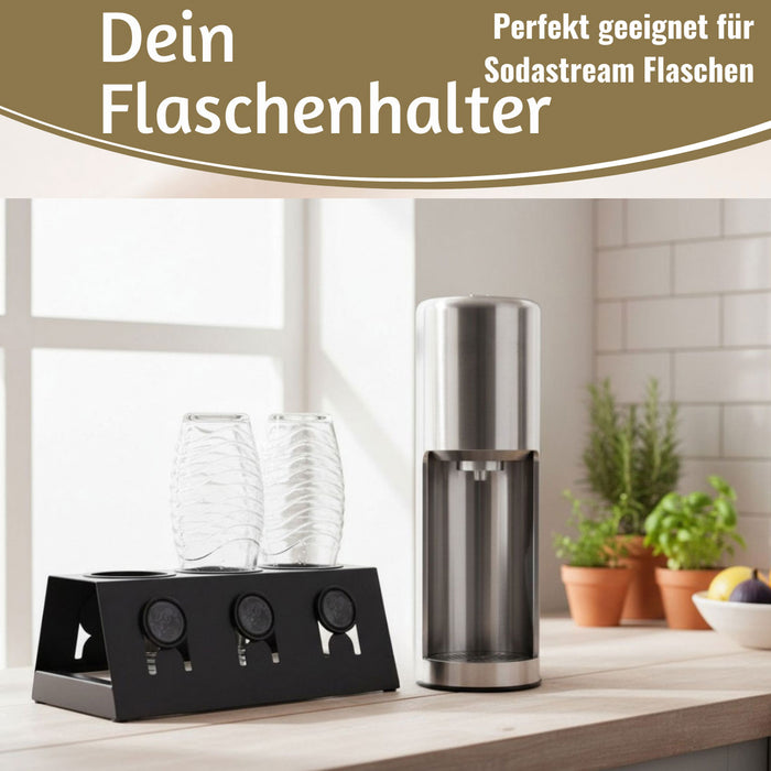 Metall Flaschenständer Schwarz passend für 3 Sodastream Flaschen Abtropfschale