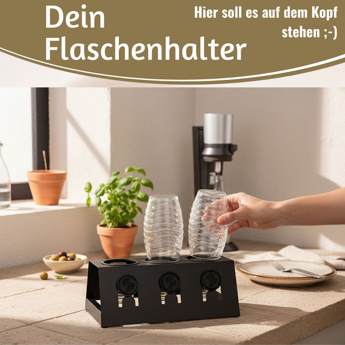 Metall Flaschenständer Schwarz passend für 3 Sodastream Flaschen Abtropfschale