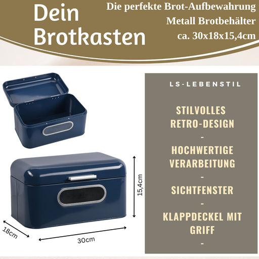Vintage Brotkasten Blau 30cm Metall mit Deckel Retro Brotbox Aufbewahrungskorb